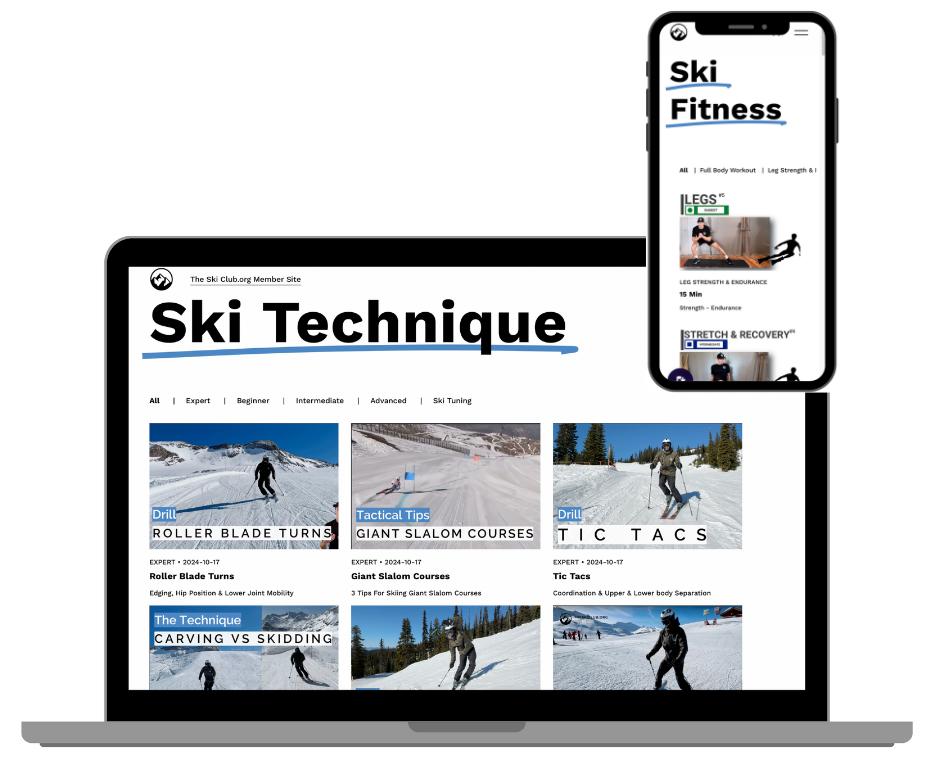 The Ski Club ski technique video library on a laptop and ski fitness training on a phone